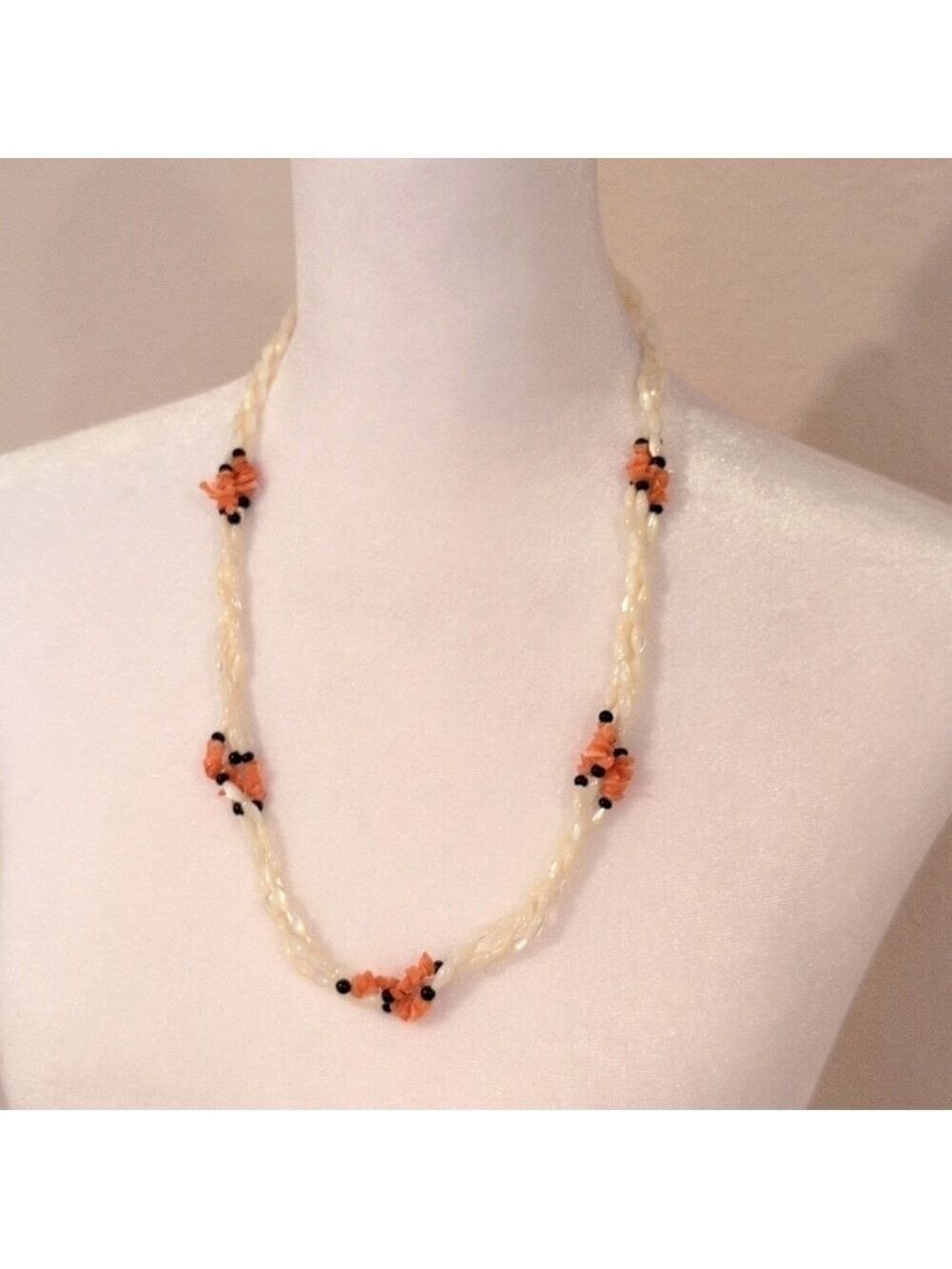 Vintage Pearl Onyx Coral Necklace 20 Inches